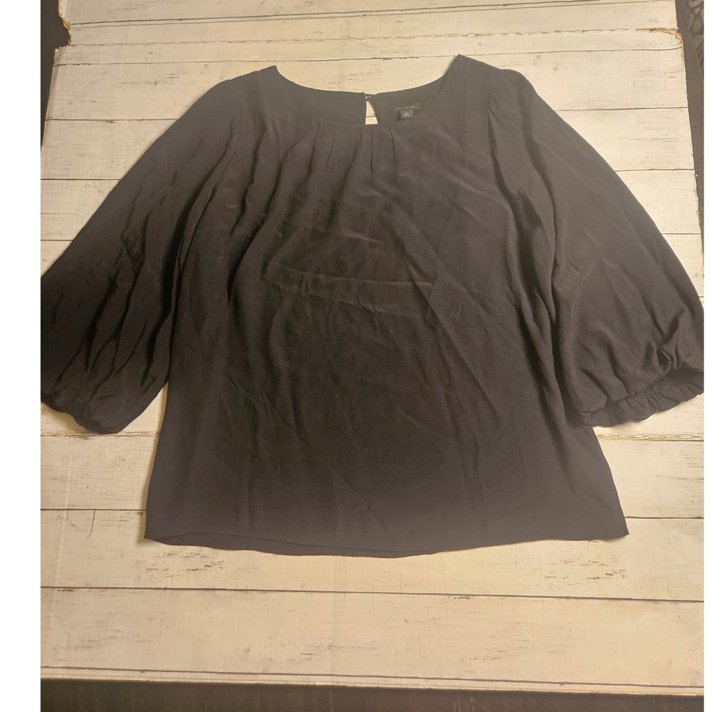 Ann Taylor Black Balloon Sleeve Pleated Neck Blouse Top Medium 451855